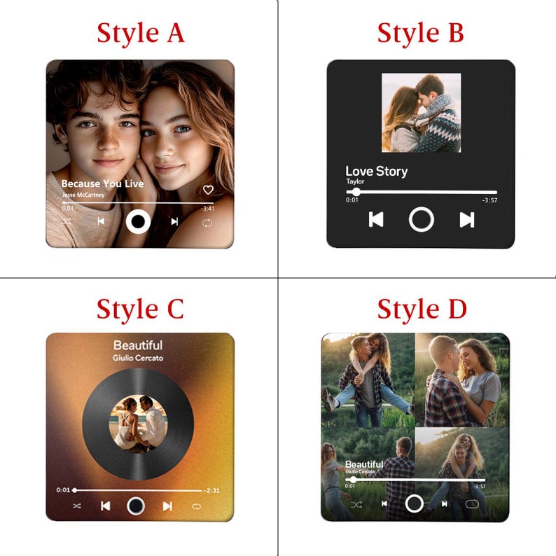 K&ouml;nnte beinhalten: Vier quadratische, individuell gestaltbare Fototafeln mit Musik-Player-Oberfl&auml;chen. Stil A zeigt ein Paar mit Songdetails. Stil B zeigt eine schwarze Oberfl&auml;che mit einem Paar und dem Text Love Story. Stil C enth&auml;lt eine Schallplattengrafik. Stil D zeigt vier Fotos.