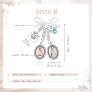 May include: A bouquet pendant featuring two oval photo frames, a heart charm with the text 'you are always in my heart', white pearls, and a light blue bead with angel wings. The total height is 2.83 inches and width is 1.14 inches.