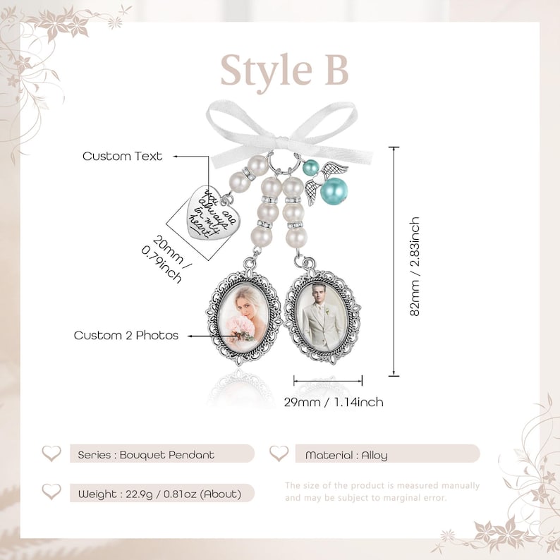 May include: A bouquet pendant featuring two oval photo frames, a heart charm with the text 'you are always in my heart', white pearls, and a light blue bead with angel wings. The total height is 2.83 inches and width is 1.14 inches.
