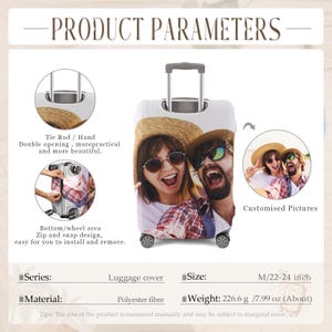 May include: A white luggage cover with a photo of a couple wearing sunglasses and straw hats. The cover is designed for a 22-24 inch suitcase and is made of polyester fiber. The text "PRODUCT PARAMETERS" is at the top.
