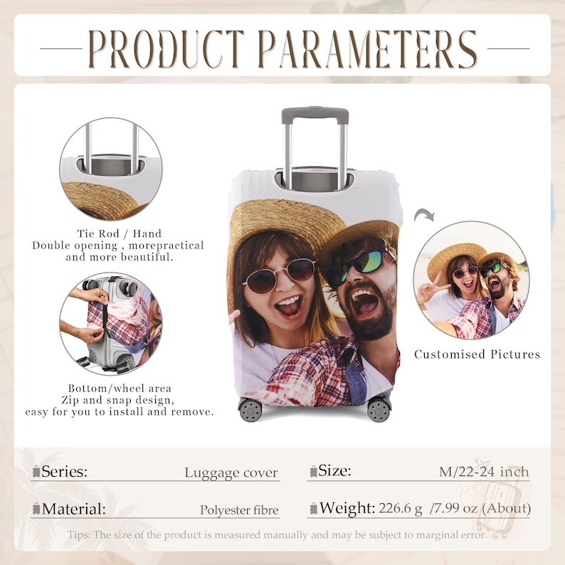 May include: A white luggage cover with a photo of a couple wearing sunglasses and straw hats. The cover is designed for a 22-24 inch suitcase and is made of polyester fiber. The text "PRODUCT PARAMETERS" is at the top.