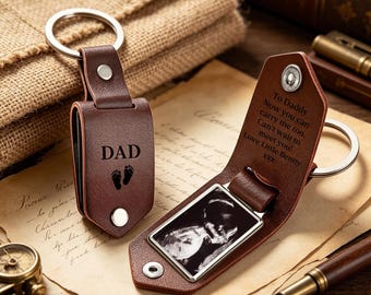 Porte-clés en cuir à ultrasons personnalisé, porte-clés à ultrasons personnalisé, futur papa pour mari, premier cadeau de fête des pères de Bump