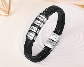 Personalized Mens Bracelet for Father's Day, Leather Bracelet for Men, Custom Beads Bracelet with Kids Name, Gifts for Him Dad Son Grandpa