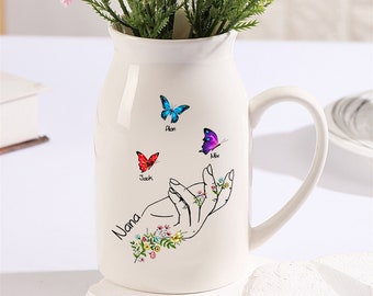 Vase de fleurs personnalisé avec prénoms maman et enfants, cadeaux fête des mères, cadeaux vase personnalisé pour maman, cadeaux grand-mère, vase pichet personnalisé fête des mères