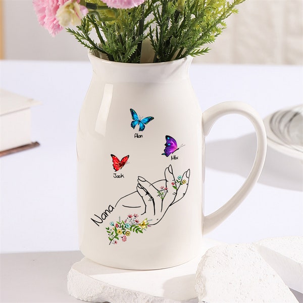 Personalisierte Blumenvase für Mama mit Kindernamen, individuelle Vasengeschenke für Mama, Oma-Geschenke, individuelle Mama-Geburtstags-Krugvase