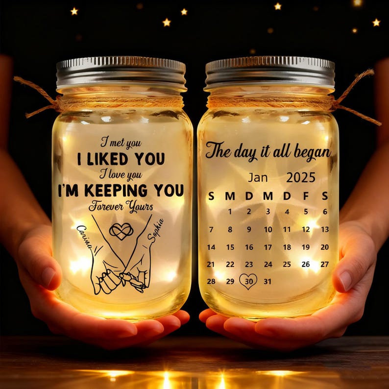 Tarro de luz personalizado para pareja, regalo de recuerdo de fecha personalizado, lámpara "Te conocí, me gustaste", decoración de aniversario, regalos románticos para San Valentín