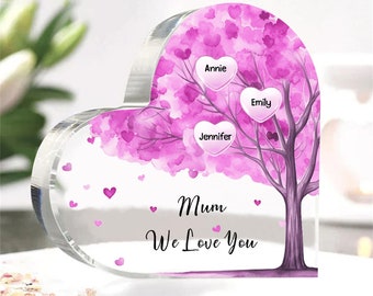 Cadeau de bloc souvenir en acrylique We love you Mom pour maman, cadeau de fête des mères des enfants, fête des mères, cadeau d'ornement d'arbre de vie pour grand-mère