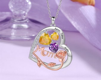 Collier maman personnalisé avec pierre de naissance coeur pour la fête des mères, collier maman, collier pendentif coeur gravé 1-4 noms, famille, cadeaux pour elle