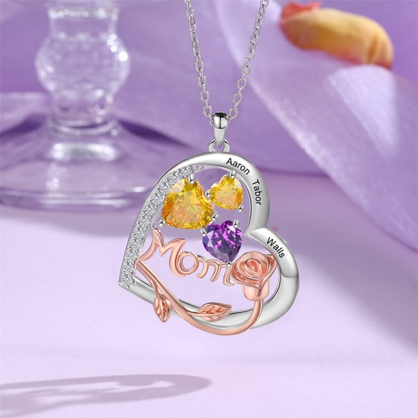 Custom Mom Heart Birthstone Necklace for Mothers Day Gits,  Mom Necklace, Engraved 1-4 Names Heart Pendant Necklace,Family, Gifts for Her