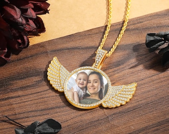 Collar con foto de alas de ángel con diamantes, colgante con foto de hip hop, collar conmemorativo personalizado.