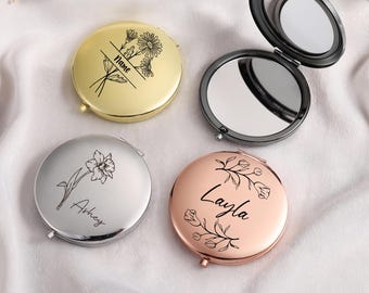 Customized Pocket Makeup Mirror, Gifts for Bridesmaid Proposal,Best Friend's Birthday, Birth Flower Pocket Mirror, Engraved Compact Mirror