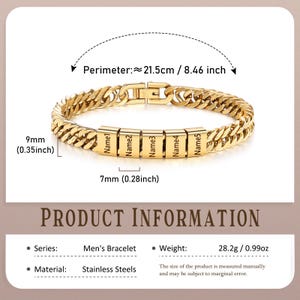 Puede incluir: Una pulsera de eslabones dorados con cinco cuentas rectangulares grabadas con los textos Name1, Name2, Name3, Name4 y Name5. La pulsera tiene un per&iacute;metro de 21,5 cm, un ancho de 9 mm y cuentas individuales de 7 mm de ancho.