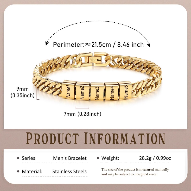 Puede incluir: Una pulsera de eslabones dorados con cinco cuentas rectangulares grabadas con los textos Name1, Name2, Name3, Name4 y Name5. La pulsera tiene un per&iacute;metro de 21,5 cm, un ancho de 9 mm y cuentas individuales de 7 mm de ancho.
