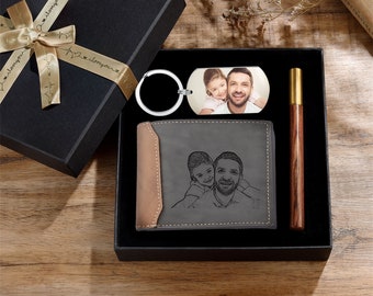 Personalized Mens Wallet & Keychain,Custom Engraved Photo Keychain and Leather Wallet Set, Gifts for Dad, Father's Day Gift