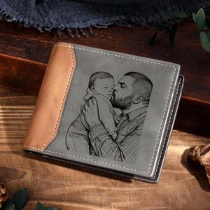 Peut inclure: Un portefeuille pliable avec un panneau latéral en cuir beige et un panneau gris gravé d'une illustration au trait noir représentant une personne tenant un bébé. Le portefeuille présente des coutures blanches visibles et une forme rectangulaire.