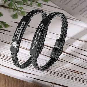 Aangepaste medische waarschuwingsarmband, gepersonaliseerde leren touwarmband met gravure, ID- en medische armbanden, noodsieraden voor heren