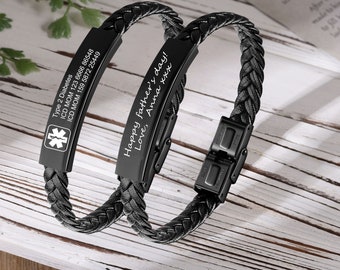 Bracciale di allarme medico personalizzato, braccialetto di corda di cuoio personalizzato con incisione, braccialetti medici e identificativi, gioielli di emergenza per uomo