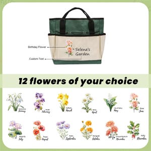 Pu&ograve; includere: Una borsa tote verde e beige con manici neri, con un design floreale e la scritta "Selena's Garden". La borsa include tasche e una chiusura con coulisse. Sotto, illustrazioni di 12 fiori, ciascuna etichettata con un mese.