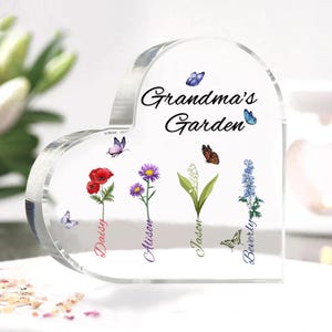 Personalized Grandma&#39;s Garden Gift For Grandma, Mother&#39;s Day Gift for Grandma Mom, Birth Month Flower Heart Acrylic Plaque, Grandma Gift