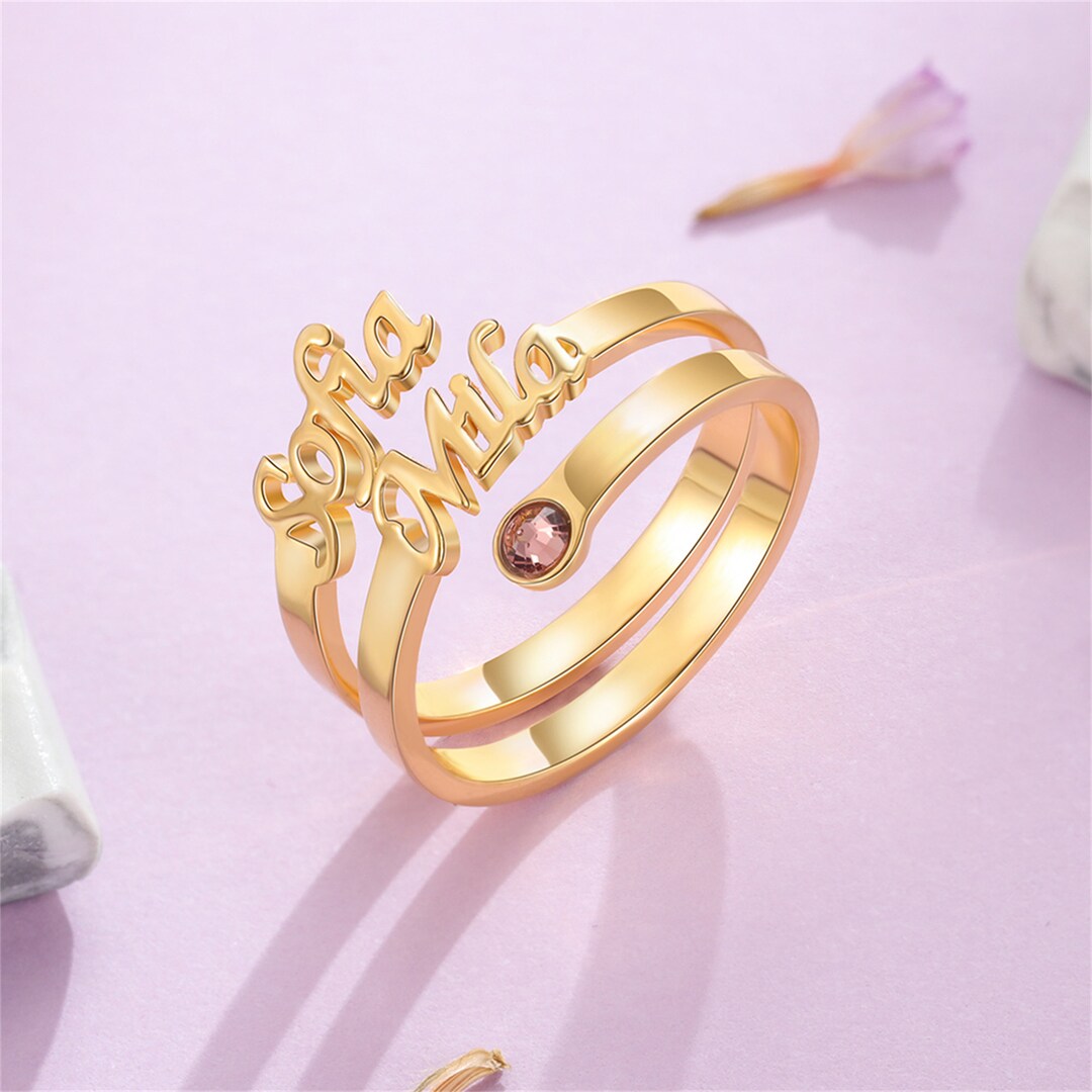 Dual Name Rings Double Name Ring With Birthstone, Two Name Ring, Ring for Women ...