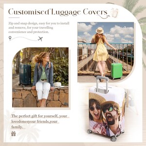 May include: The image showcases customized luggage covers with a zip and snap design. The covers are easy to install and remove. The image includes a suitcase with a photo print, a green suitcase, and a woman with a suitcase. Text on the image reads "Customised Luggage Covers".