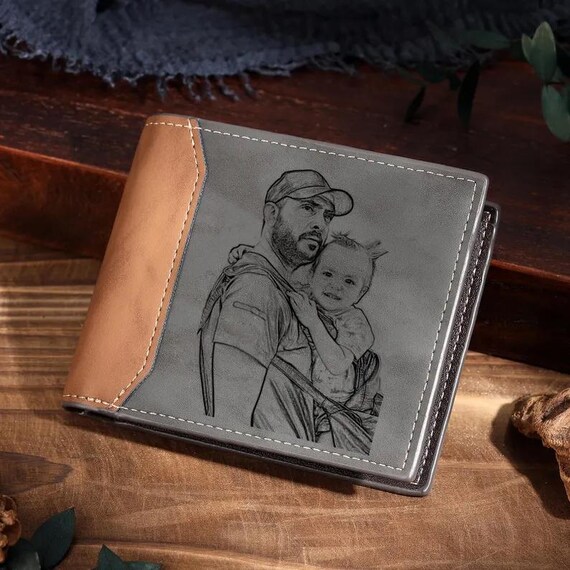 Personalized Leather Wallet For Men - Custom Engraved Photo & Text, Trifold PU Leather, Gift For Husband/Boyfriend/Dad