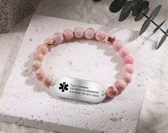 Personalized Medical Alert Bracelet for Women, Beaded Medical ID Bracelet,Custom Engraved Emergency Bracelet, Emergency Jewelry For Her