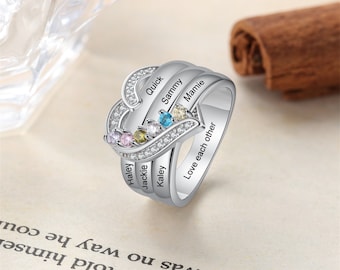 Anillo De Promesa De Plata Esterlina / Anillo De Parejas Con Nombres Grabados / Anillo De Piedra De Nacimiento De Madres / Regalo De Anillo De Compromiso De Diamantes Apilable Para Ella - España
