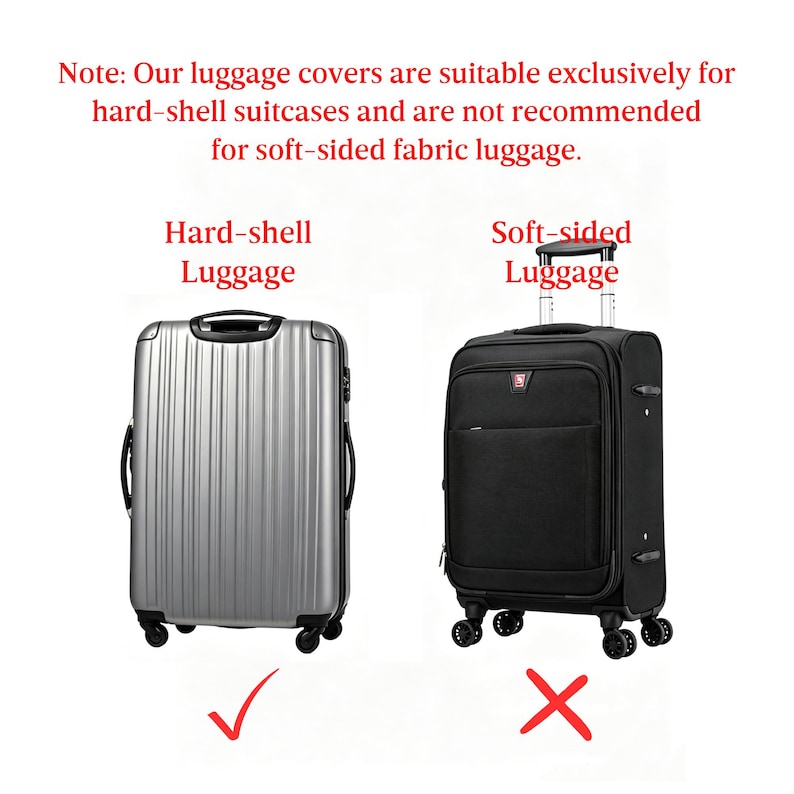 May include: Image comparing hard-shell and soft-sided luggage. The text reads: "Note: Our luggage covers are suitable exclusively for hard-shell suitcases and are not recommended for soft-sided fabric luggage."