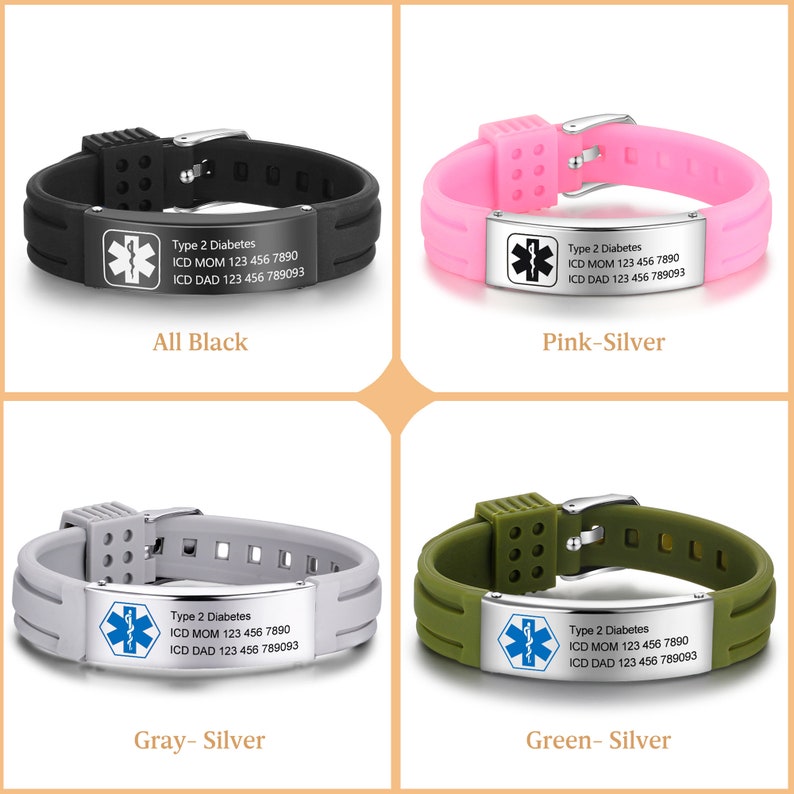 May include: Four silicone medical alert bracelets with different color bands and silver metal plates. The plates have a medical symbol and text that reads "Type 2 Diabetes, ICD MOM 123 456 7890, ICD DAD 123 456 789093". The bracelets are shown in the colors black, pink, gray, and green.