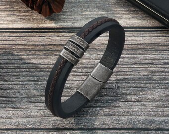 Pulsera de cuero personalizada con nombres familiares, pulsera con nombre para papá, regalo para niños, regalo para esposo, joyería para papá, regalos para el Día del Padre.