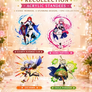 May include: Four Hololive Justice acrylic standees featuring Elizabeth Bloodrose Flame, Raora Panthera, Gigi Murin, and Cecilia Evergreen. Each character is depicted in a dynamic pose with vibrant colors, mounted on clear circular bases with nameplates.