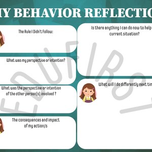 Könnte beinhalten: Ein druckbares Arbeitsblatt mit dem Titel "Meine Verhaltensreflexion" und mehreren Abschnitten zur Selbstreflexion. Die Abschnitte umfassen "Die Regel, die ich nicht befolgt habe", "Was war meine Perspektive oder Absicht?", "Was war die Perspektive oder Absicht der anderen Person(en), die beteiligt war(en)?", "Die Folgen und Auswirkungen meiner Handlung/en", "Gibt es etwas, das ich jetzt tun kann, um der aktuellen Situation zu helfen?", und "Was werde ich beim nächsten Mal anders machen?"