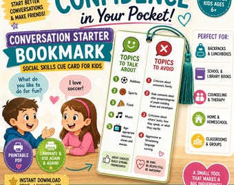 Conversation Starter Bookmark | Social Skills Cue Card for Kids (PDF Download)