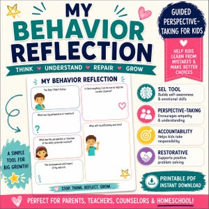 Könnte beinhalten: Ein My Behavior Reflection Arbeitsblatt mit Abschnitten für Kinder, um über Regeln, Absichten, Perspektiven und Konsequenzen zu schreiben. Das druckbare PDF enthält Illustrationen von Kindern, farbige Symbole und Textaufforderungen zur Förderung emotionaler Fähigkeiten.
