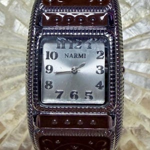 Narmi Brown Enamel Hinged Bangle Watch Silver Tone Cuff Bracelet