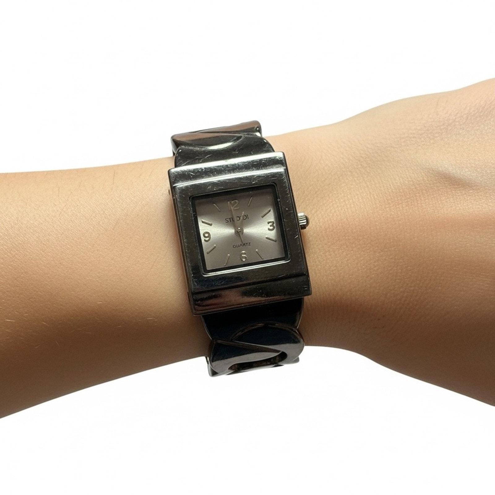 Black Studio 1 Watch with Crystal Accents‎ cuff Wide double buckle leather watch cuff with steampunk watch  main image 3