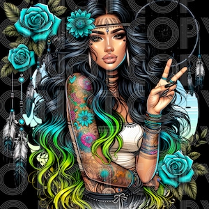 Peace Sign Woman PNG | Retro Hippie Girl Art | Sublimation T-Shirt Design | Transparent Digital Download