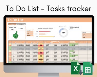 Suivi des tâches de la liste des tâches, version orange, modèle Excel et feuille Google