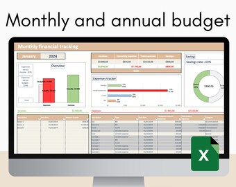 Budget mensuel et annuel 2024 avec modèle de calendrier Excel beige