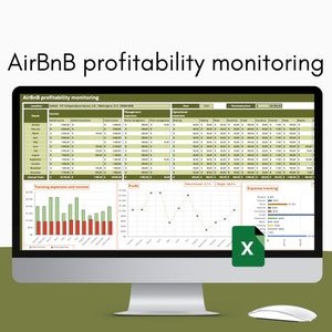 Peut inclure: Un écran d'ordinateur affichant une feuille de calcul avec un schéma de couleurs vert et marron. La feuille de calcul est intitulée "Suivi de la rentabilité AirBnB" et affiche un tableau de données, des graphiques et des diagrammes. La feuille de calcul est destinée à suivre les revenus et les dépenses d'un bien locatif. La feuille de calcul comprend une section pour le suivi des dépenses et des revenus, une section pour le profit et une section pour le suivi des dépenses. La feuille de calcul comprend également une section pour le suivi du retour sur investissement et de la marge. La feuille de calcul est pour l'année 2004.