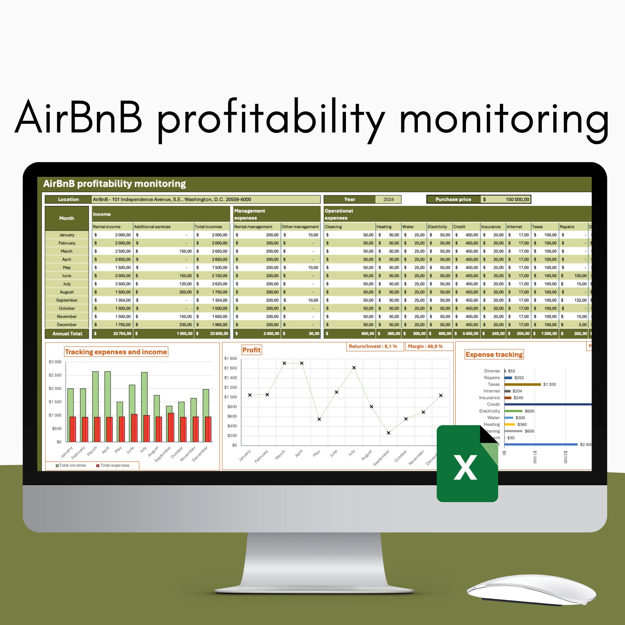 Suivi de la rentabilité d'AirBnB Modèle vert Excel de location courte durée