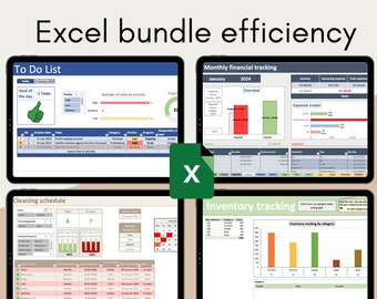Excel efficiency bundle Task manager Monthly budget monitoring Cleaning schedule Inventory tracking