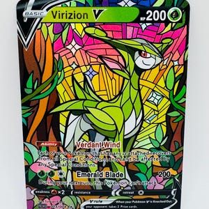 Cartão personalizado Kawaii Holo com vitral Pokémon Virizion DIY