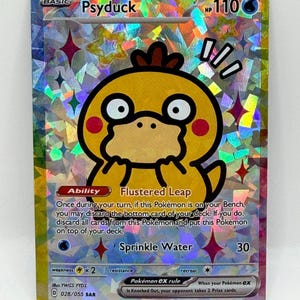 May include: A holographic Pokémon trading card featuring Psyduck. The card has a yellow Psyduck illustration with the text "Flustered Leap" and "Sprinkle Water". The card also has the text "HP 110" and "Pokémon ex rule".