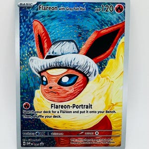 Flareon Pokémon com chapéu de feltro cinza faça você mesmo cartão holográfico Kawaii personalizado
