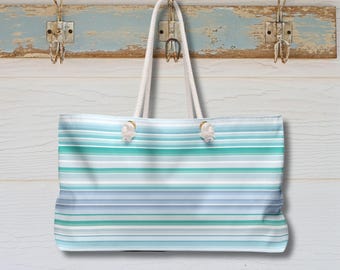 Seafoam Green & Pastel Blue Striped Tote - Oversized Beach Bag with Rope Handles - Soft Coastal Summer Pool or Travel Carryall