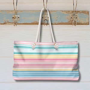 Pastell gestreifte Tote - rosa, blau und gelbe Strandtasche - Sommer Swim Pool Bag oder Reisetasche mit Seilgriffen