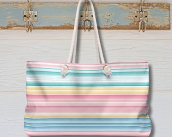 Pastell gestreifte Tote - rosa, blau und gelbe Strandtasche - Sommer Swim Pool Bag oder Reisetasche mit Seilgriffen