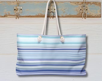 Blue, White & Gray Striped Weekender Tote - Oversized Beach or Pool Bag - Rope Handle Travel Tote for Summer, Lake, or Vacations